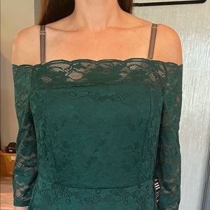 Stunning, lace, off the shoulder evening gown with train